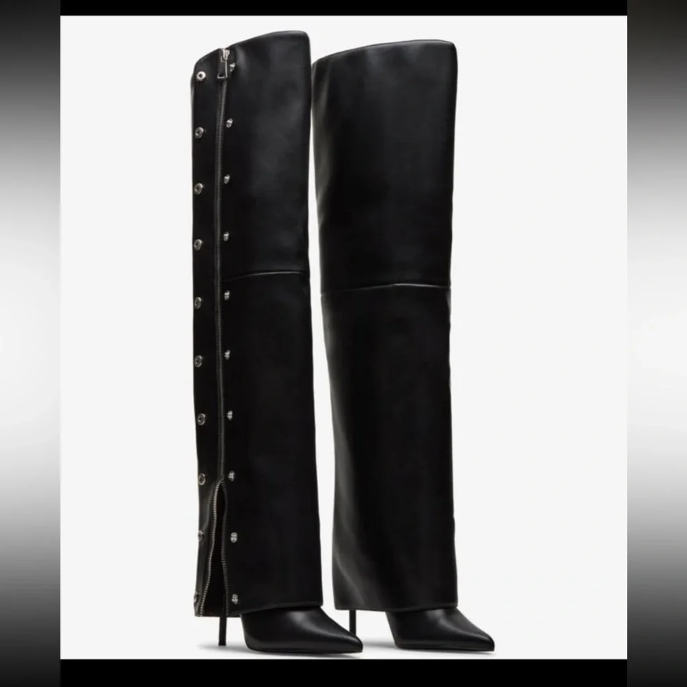Steve‎ Madden Stone Black Leather Knee-High Women's Heeled Buttoned Boots